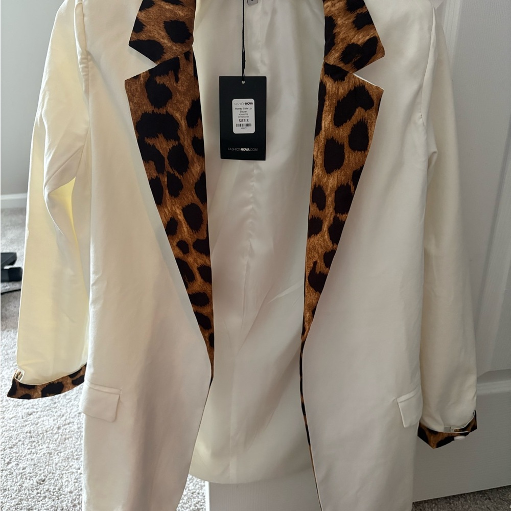 Fashion Nova White and Brown Leopard Blazer